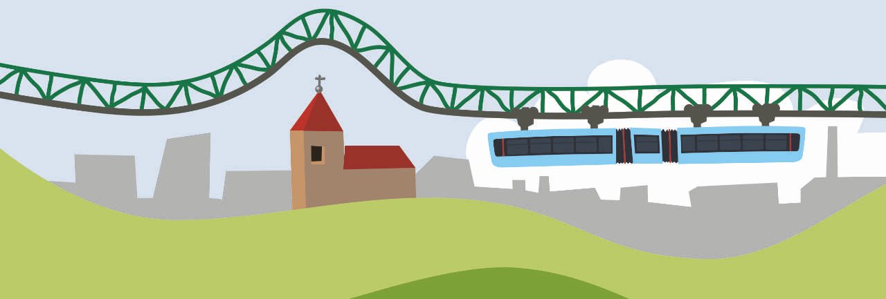 Illustration: die Schwebebahn fährt über eine Kirche und die grünen Hügel Wuppertals